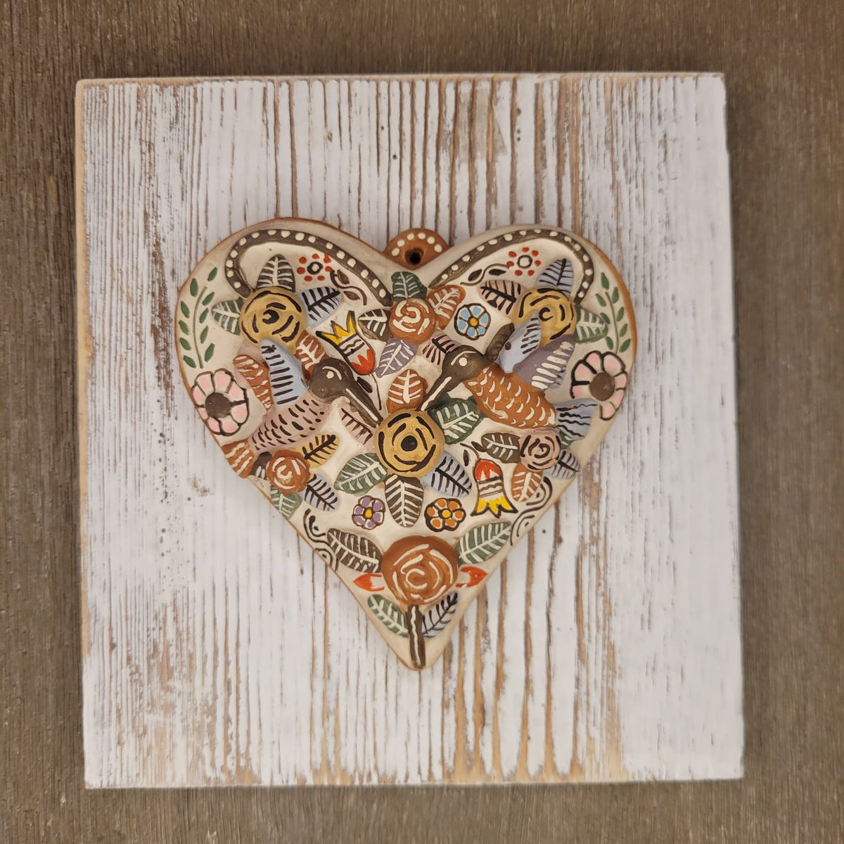 Artisan Peruvian Clay Heart with Hummingbirds