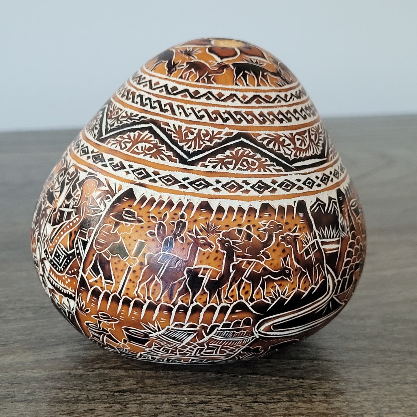 Hand-Etched Peruvian Gourd - Traditional Andean Scene