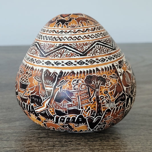 Hand-Etched Peruvian Gourd - Traditional Andean Scene