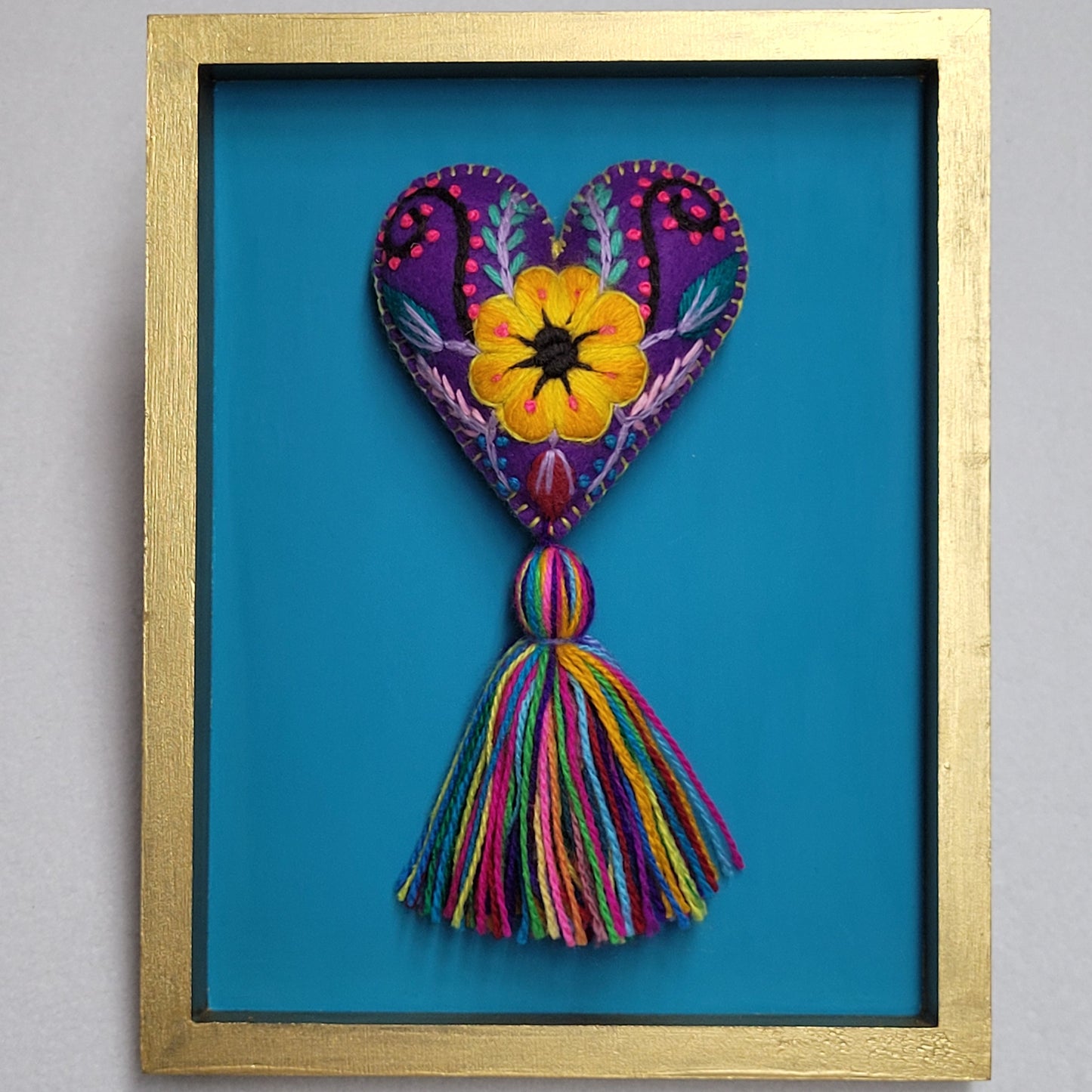 Embroidered Woven Heart Wall Art Vibrant Turquoise